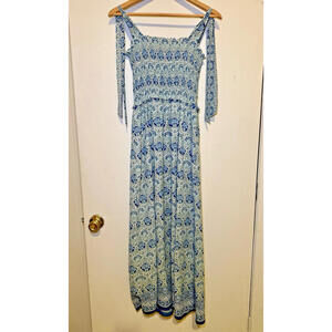 Max Studio Women's Size M Long Dress Boho Floral Blue Sundress Adjustable Straps
